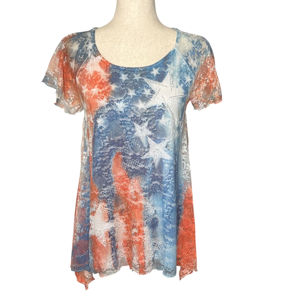 Cal Style Red White Blue Top S Star Lace Rhinestone Sharkbite Festival Americana